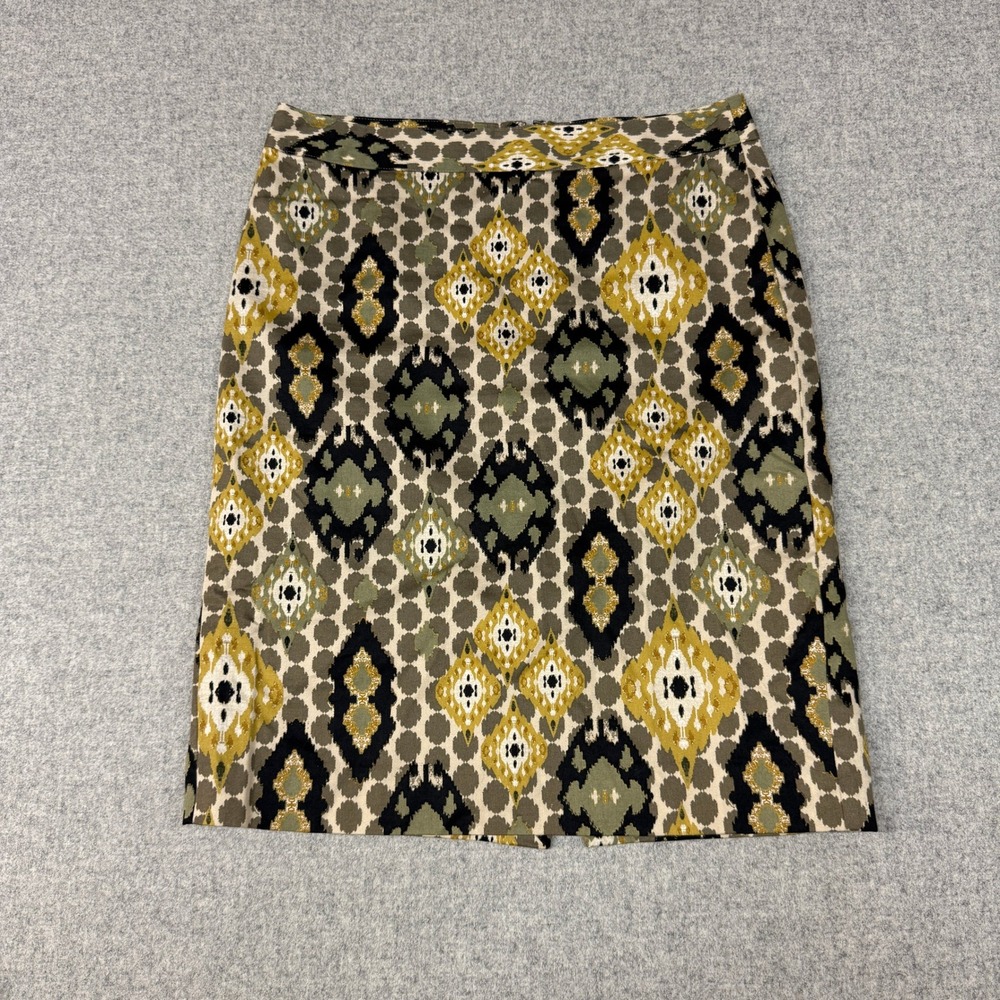 Van Heusen Studio Pencil Skirt 2 Olive Green Mustard Yellow Ikat Geometric Print